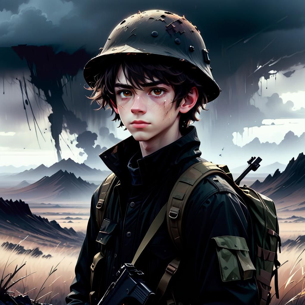 Silhouette of Boy with Rifle in Jagged Landscape