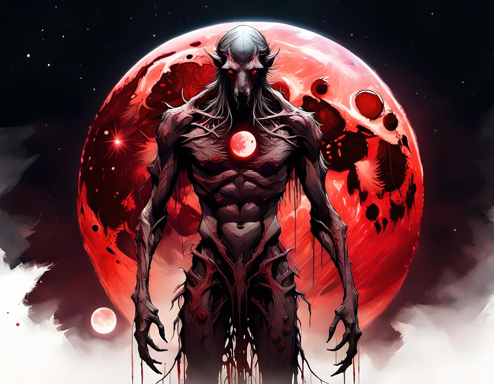 Cryptid Silhouette Against Blood Moon: Detailed Concept Art