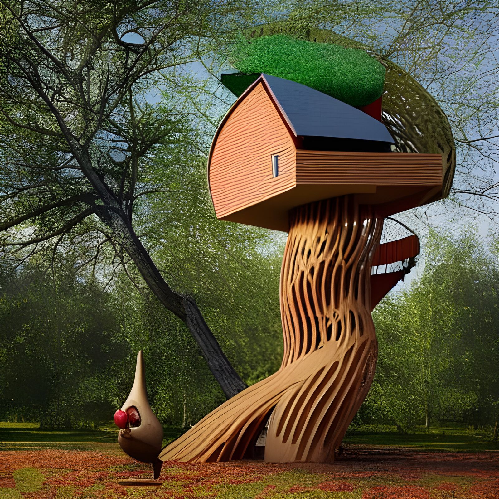 Modernist Treehouse with Dog, Hyperrealistic 8k
