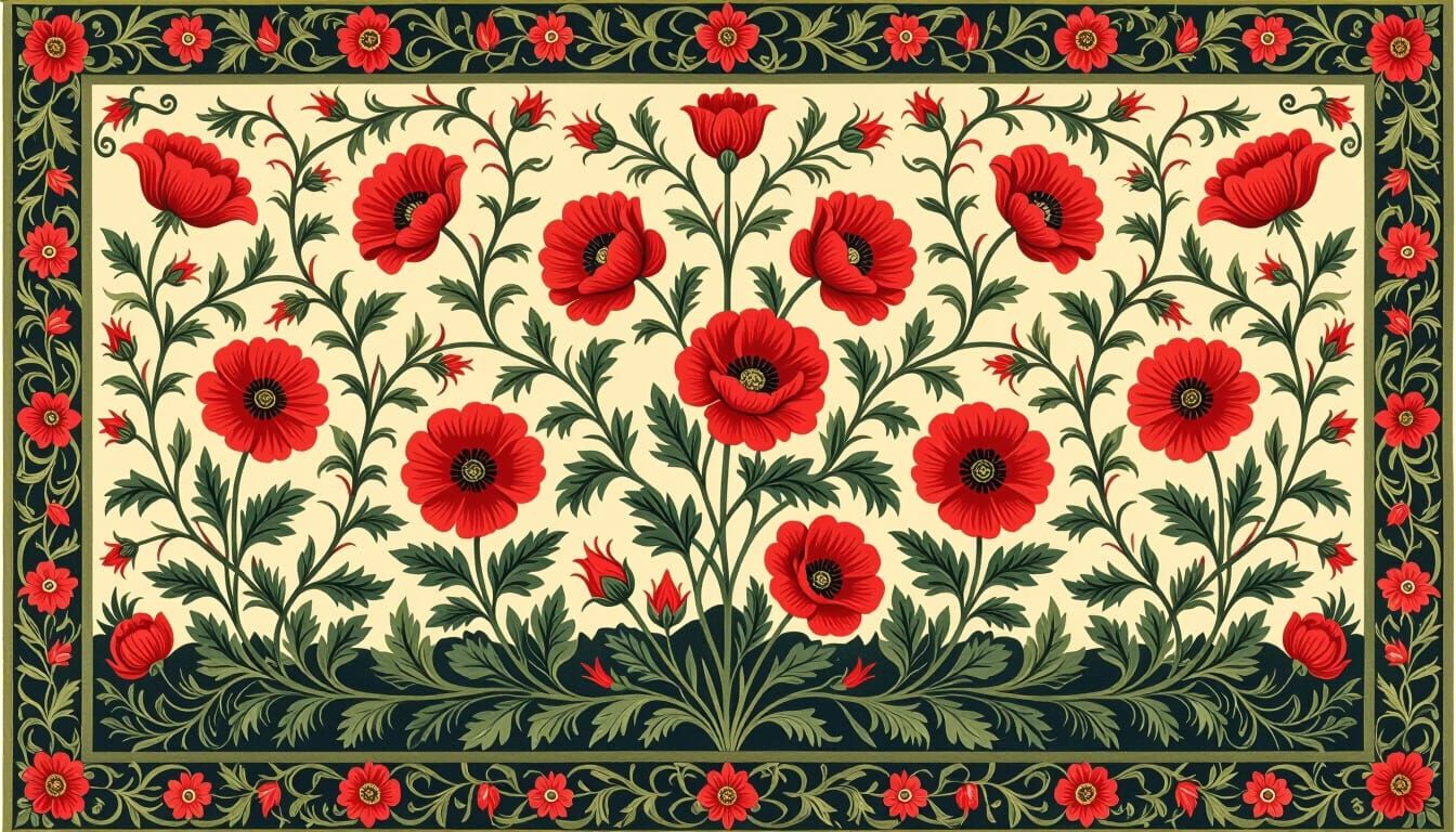 Fiery Floral Tapestry in William Morris Style