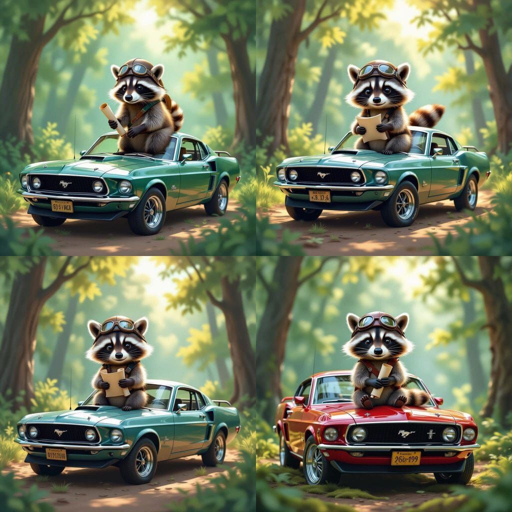 Raccoon Pilot on Vintage Mustang in Forest Clearing