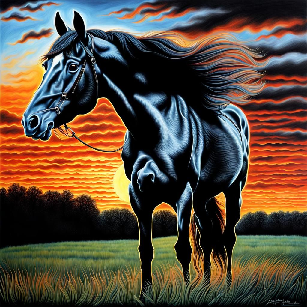John Lennon Horse at Sunset: Hyperrealistic Charcoal Drawing