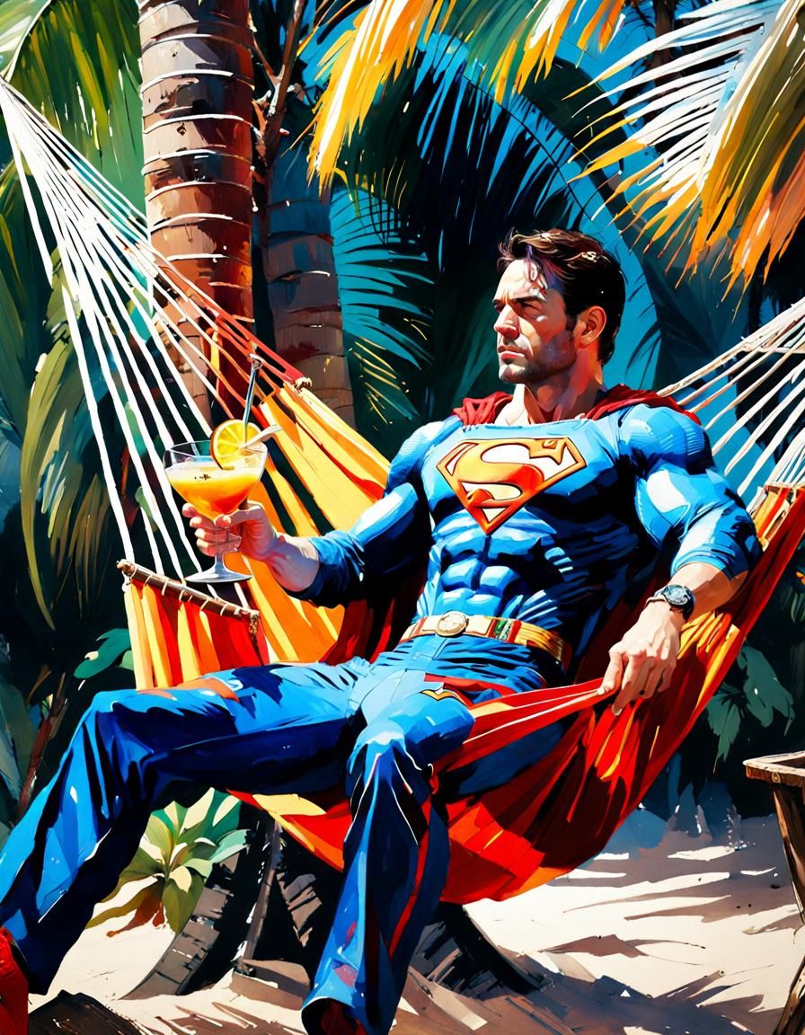 Superman Relaxing Under Palms: Watercolour Painting