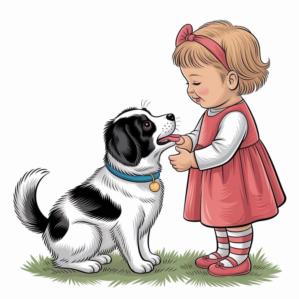 Puppy Plays With Girl in Red Dress