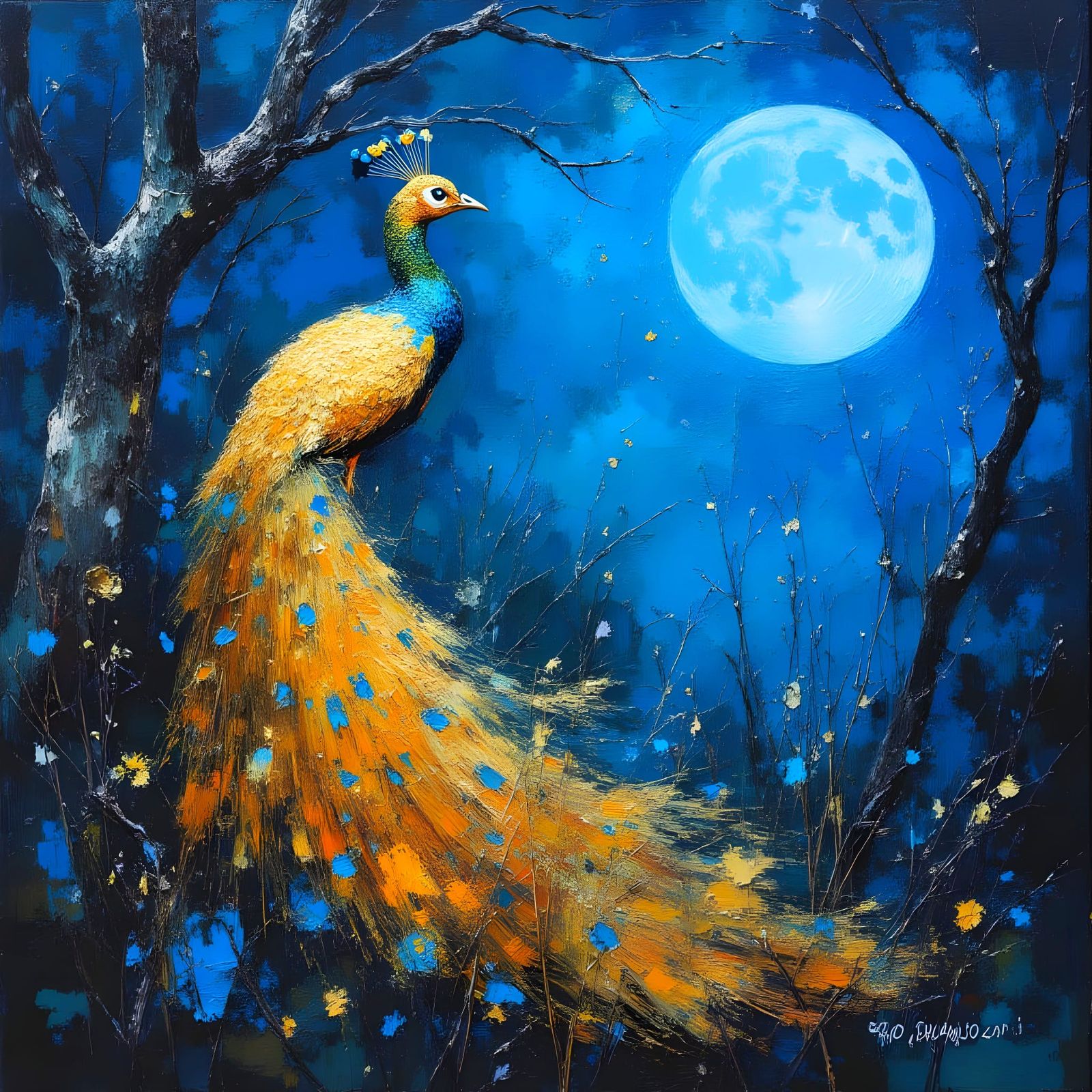 Golden Peacock Portrait in Ethereal Blue Forest