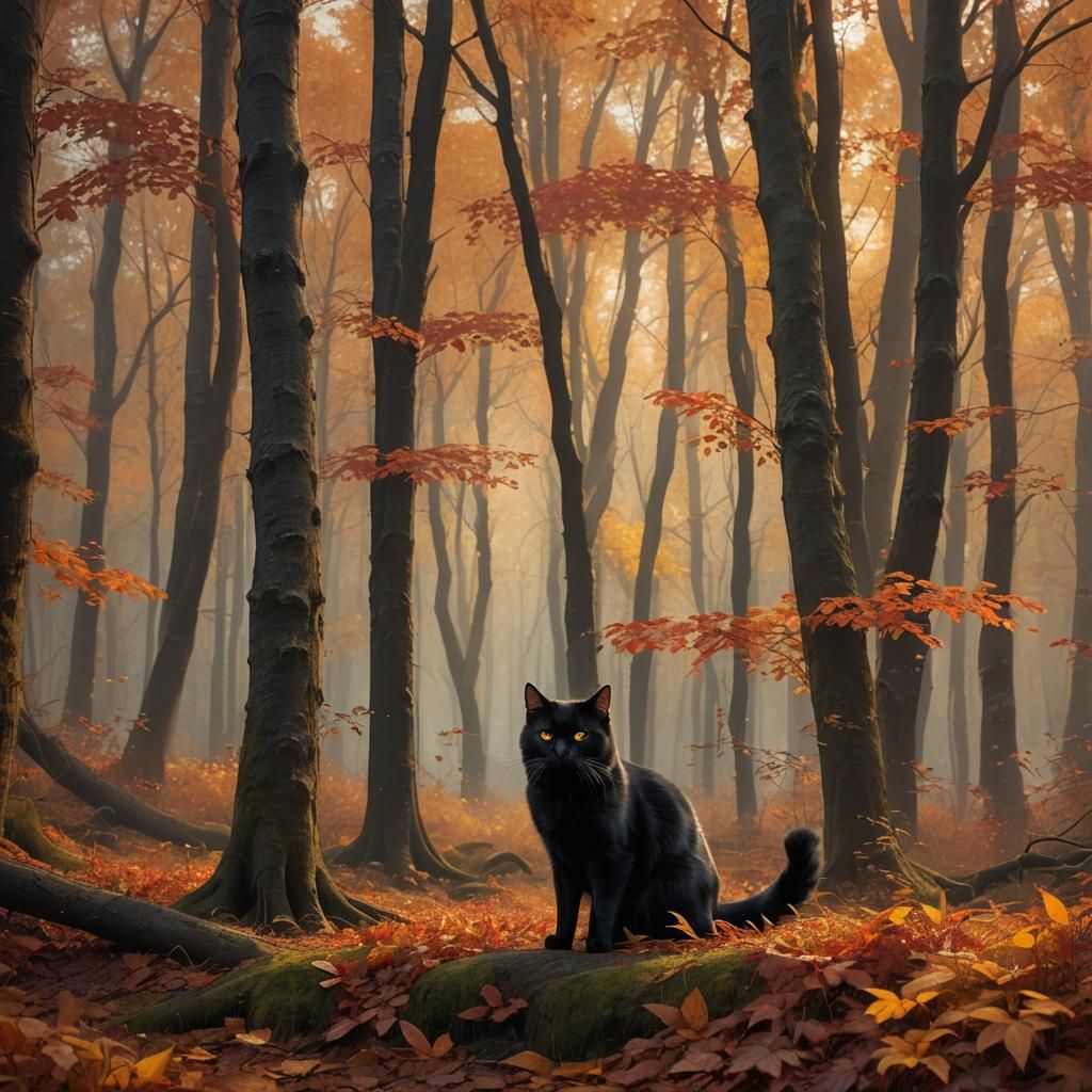 Black Cat in Autumn Forest: Digital Matte Painting