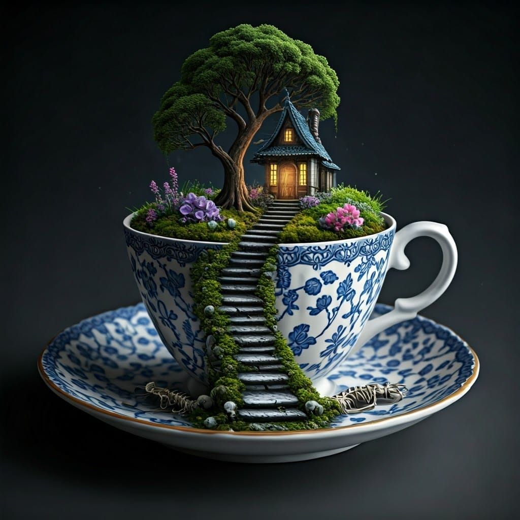 Delicate Floral Teacup with Whimsical Miniature World