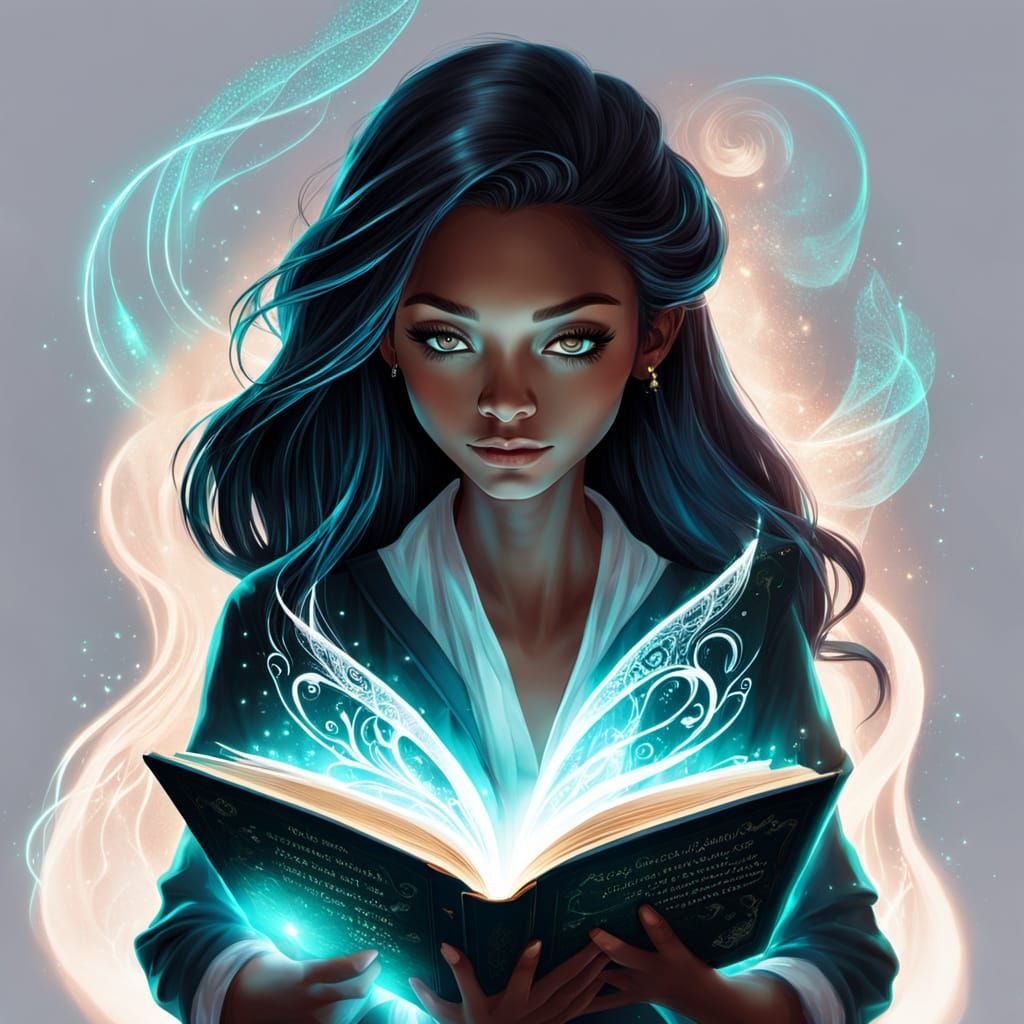 Young Woman Reading Magical Book With Ethereal Glow