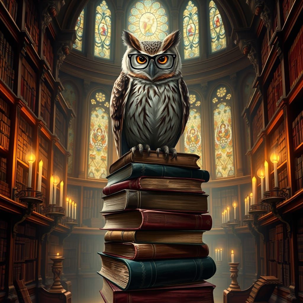Hyperrealistic Owl in Library with Glowing Candles