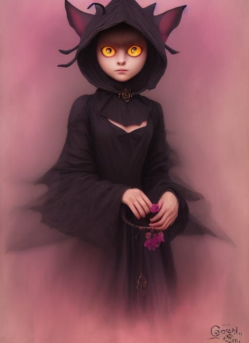 Anthropomorphic Pink Witch Cat Portrait