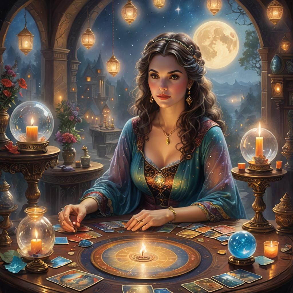 Ethereal Fortune Teller at Night with Crystal Ball