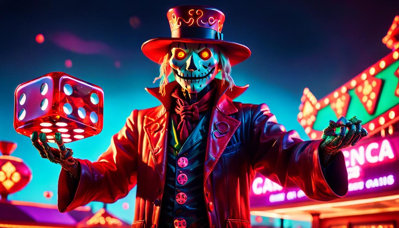 Two-Faced Scarecrow on Dice in Neon Vegas, Surreal Digital A...