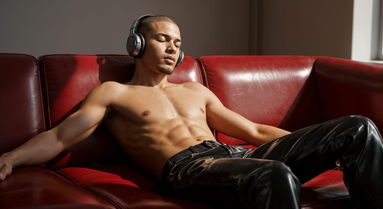 Relaxed Young Man on Red Leather Couch
