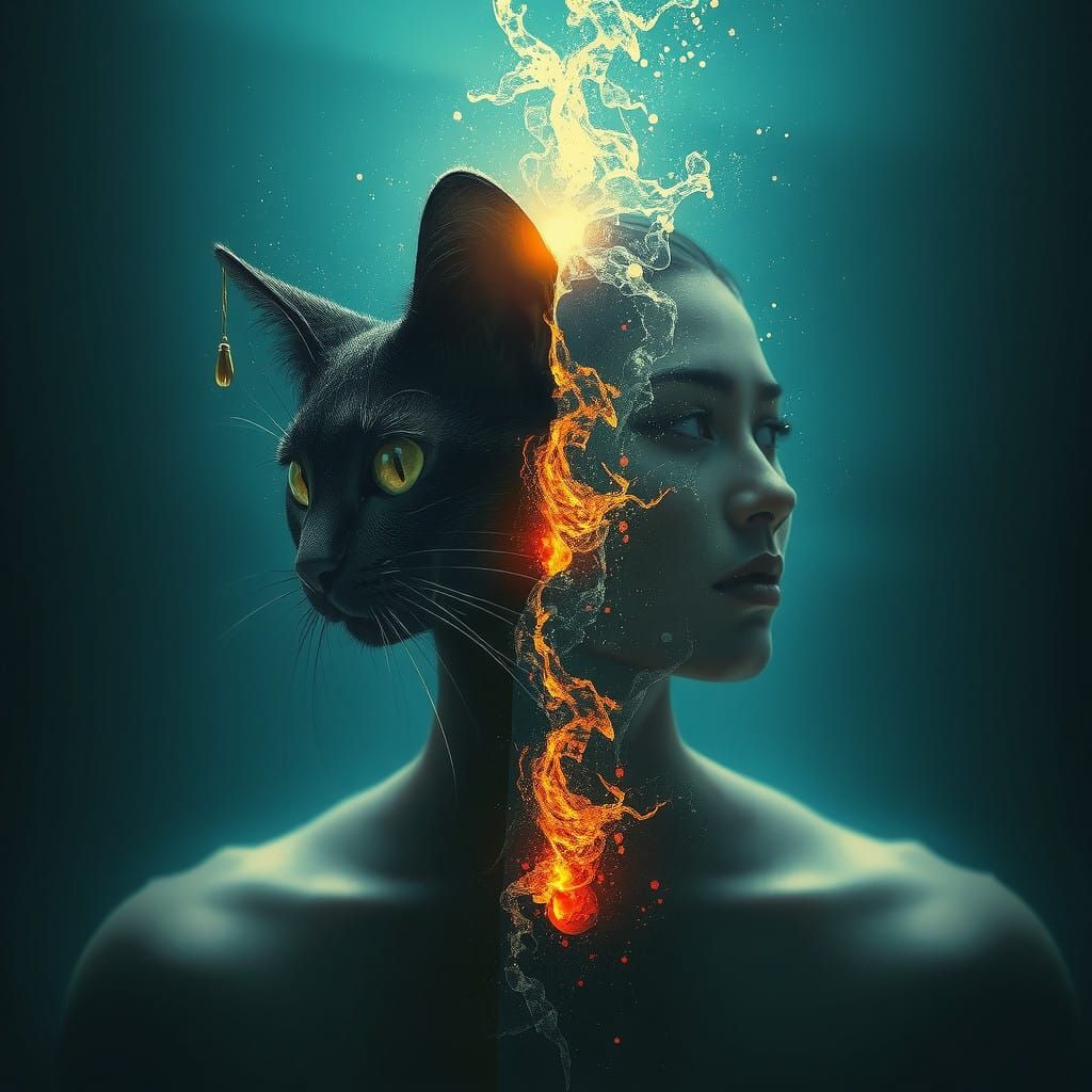 Surreal Mirror Portrait of a Cat in a Mysterious Oceanic Set...