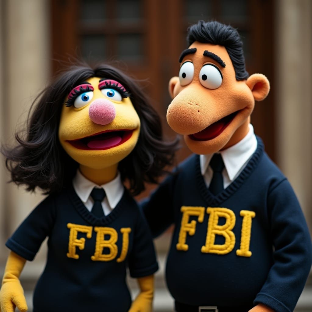 Two Jim Henson-style Muppets wearing FBI uniforms reading "F...