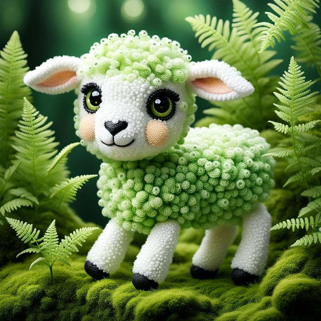 Adorable Lamb in Pointillism Style on Mossy Branch