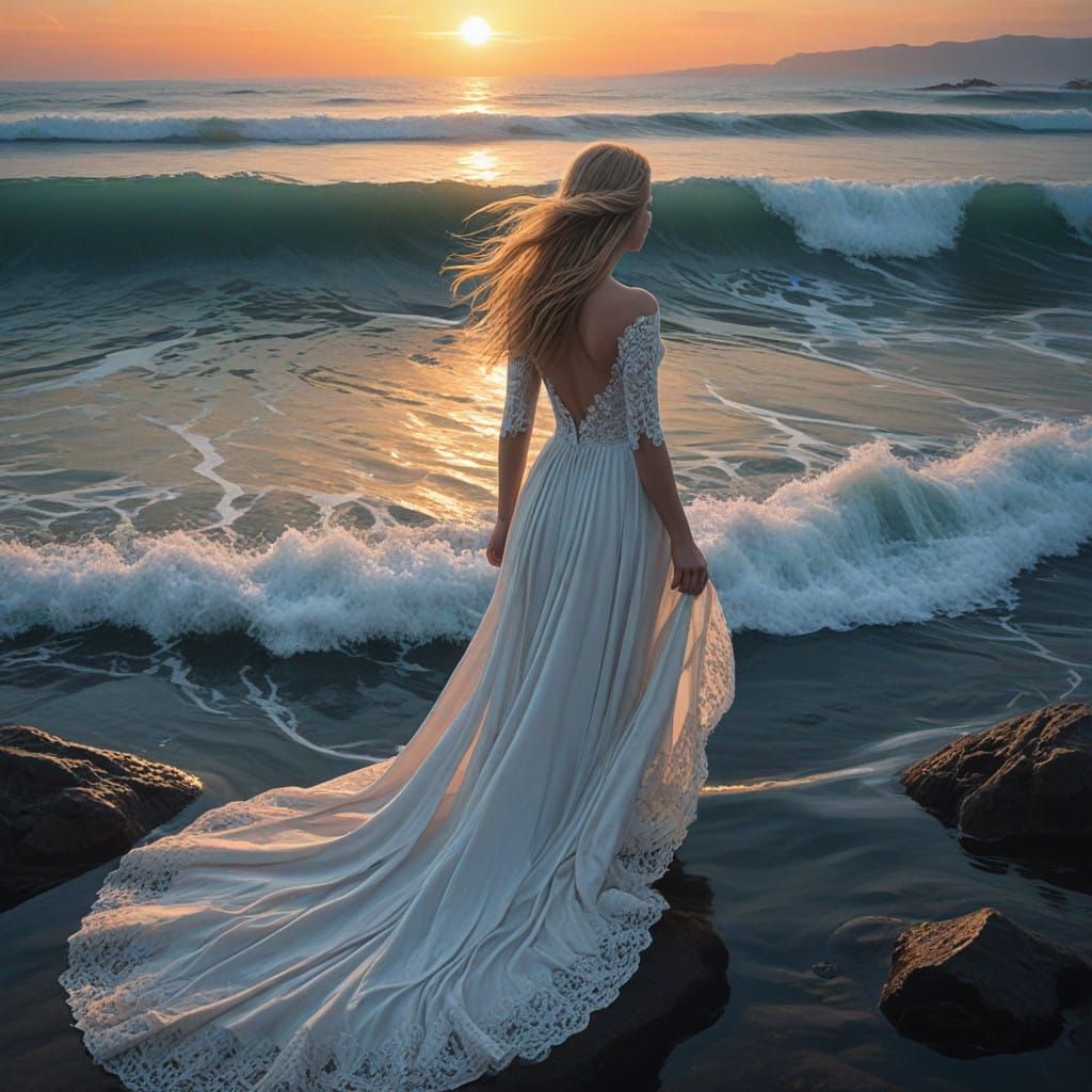 Ethereal Oceanic Goddess in Flowing White Gown