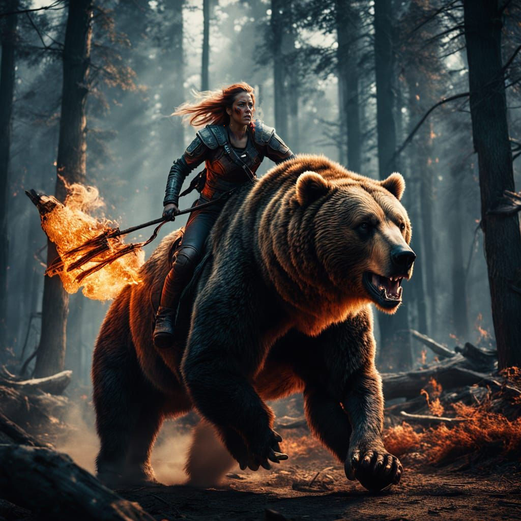 Epic Cinematic Portrait of a Fierce Warrior and Blazing Bear