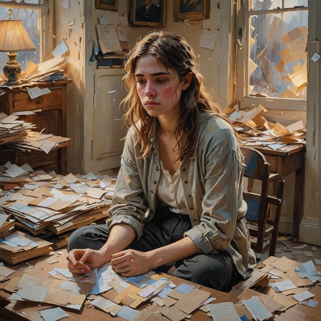 Melancholy Woman in Impressionist Style with Sunset Glow