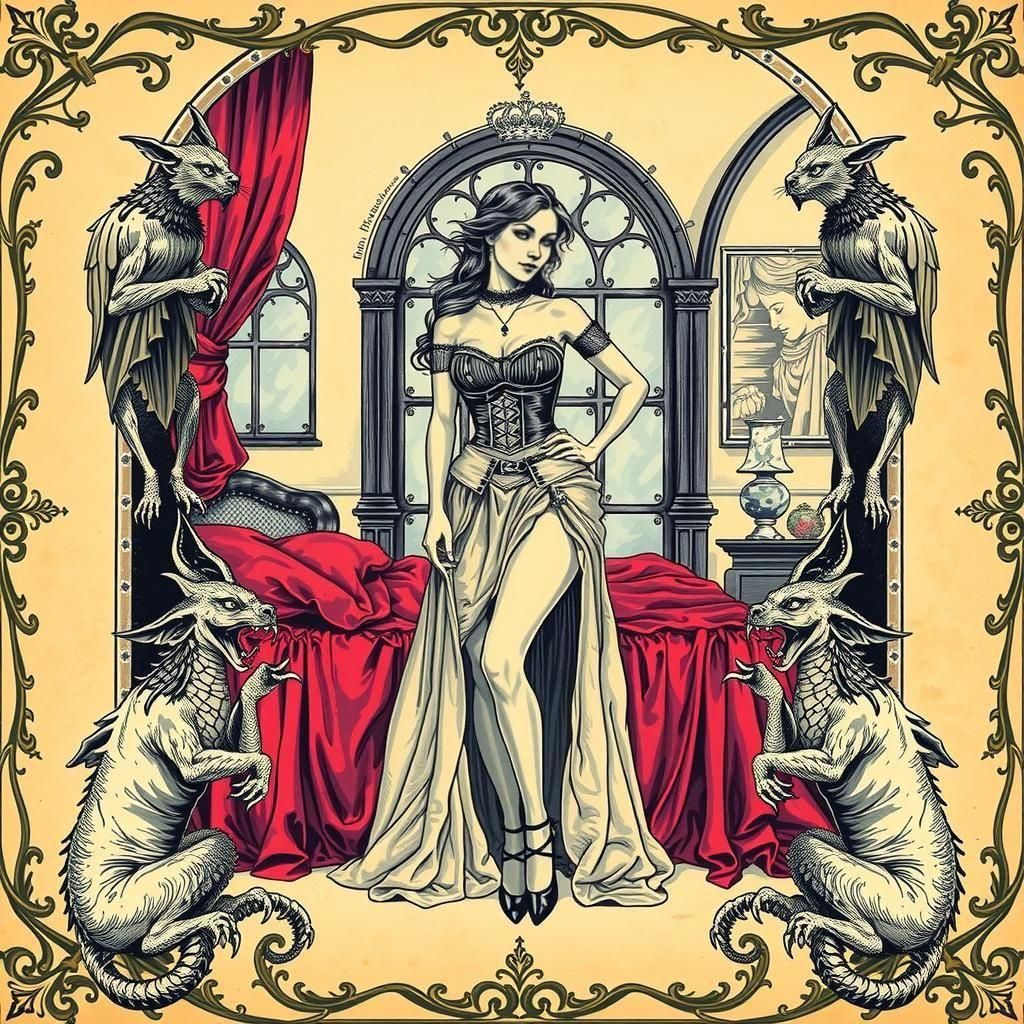 Victorian Woman with Gargoyles in Renaissance Style