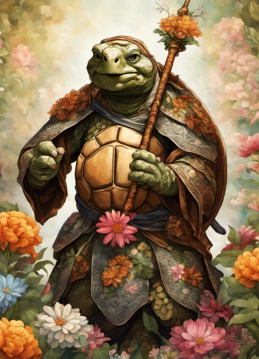 Fantasy Tortoise Monk Warrior in Flower Garden