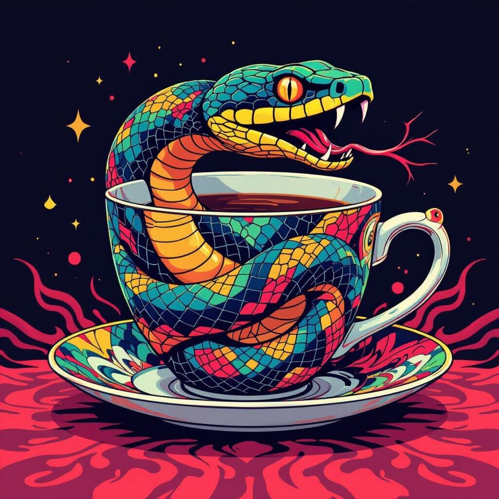 Colorful Snake Design on Teacup, Futuristic Art