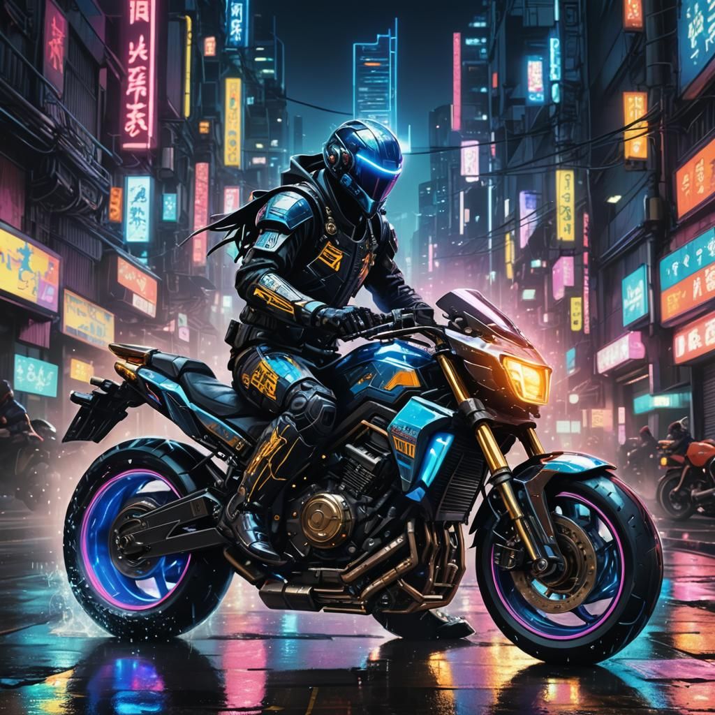 Cyberpunk Wizard Rides Neon Motorcycle in Anime Art