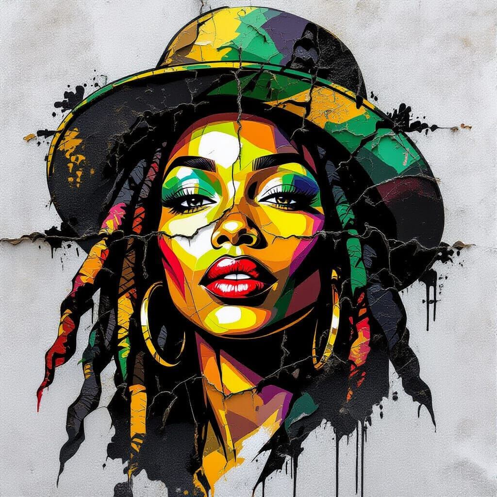Cracked Graffiti Portrait: Black Woman in Rasta Hat