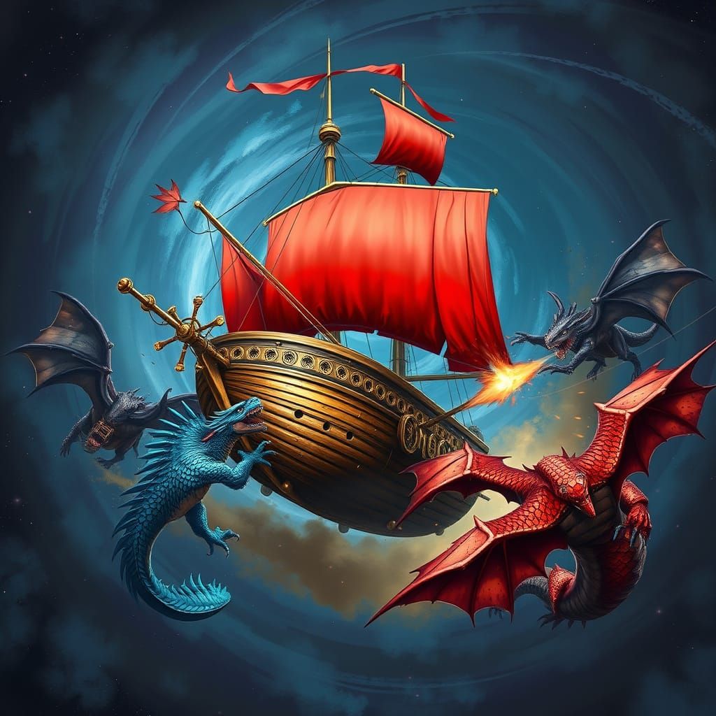 Majestic Flying Airship Battles Dragons in Cosmic Night