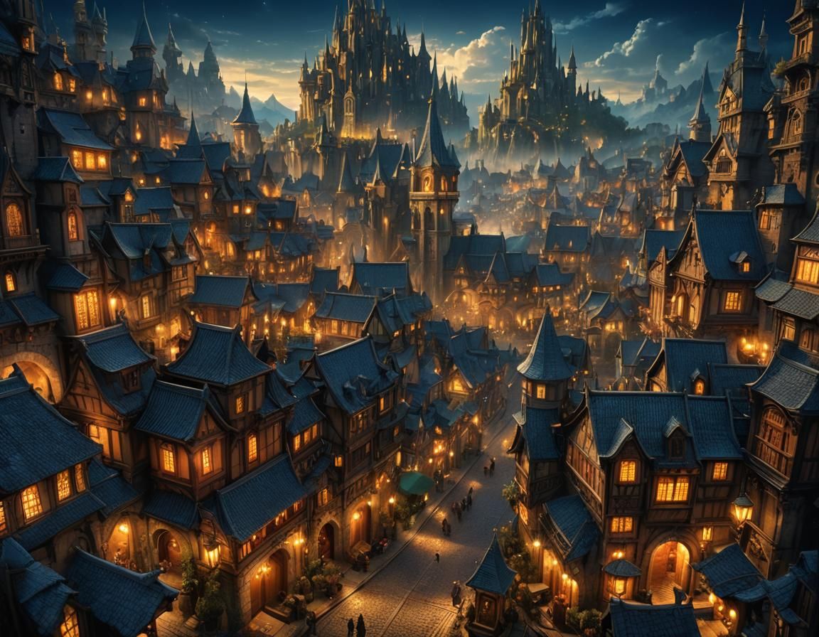 Fantasy City at Night in Anime Style