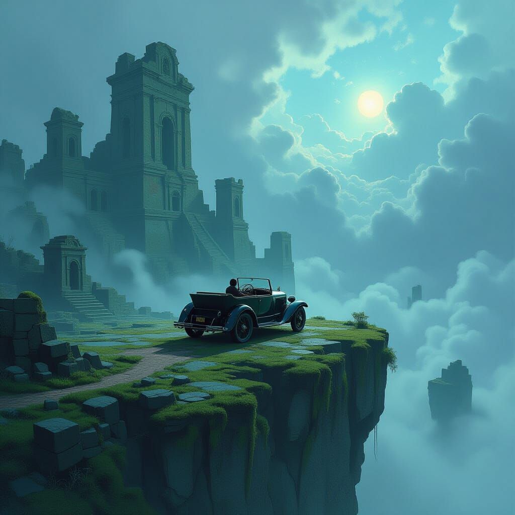 Vintage Car on Floating Island Above Nebula Sky