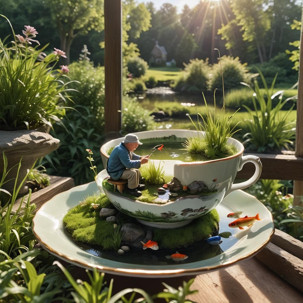 Miniature Fisherman in Teacup, Photorealistic Image