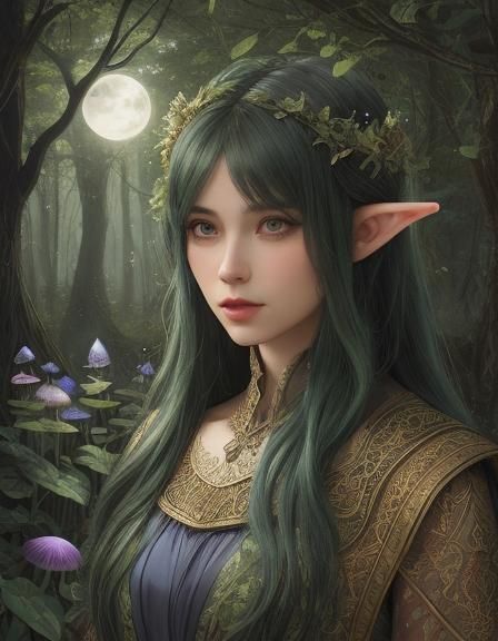 Ethereal Elf Portrait in Bioluminescent Forest