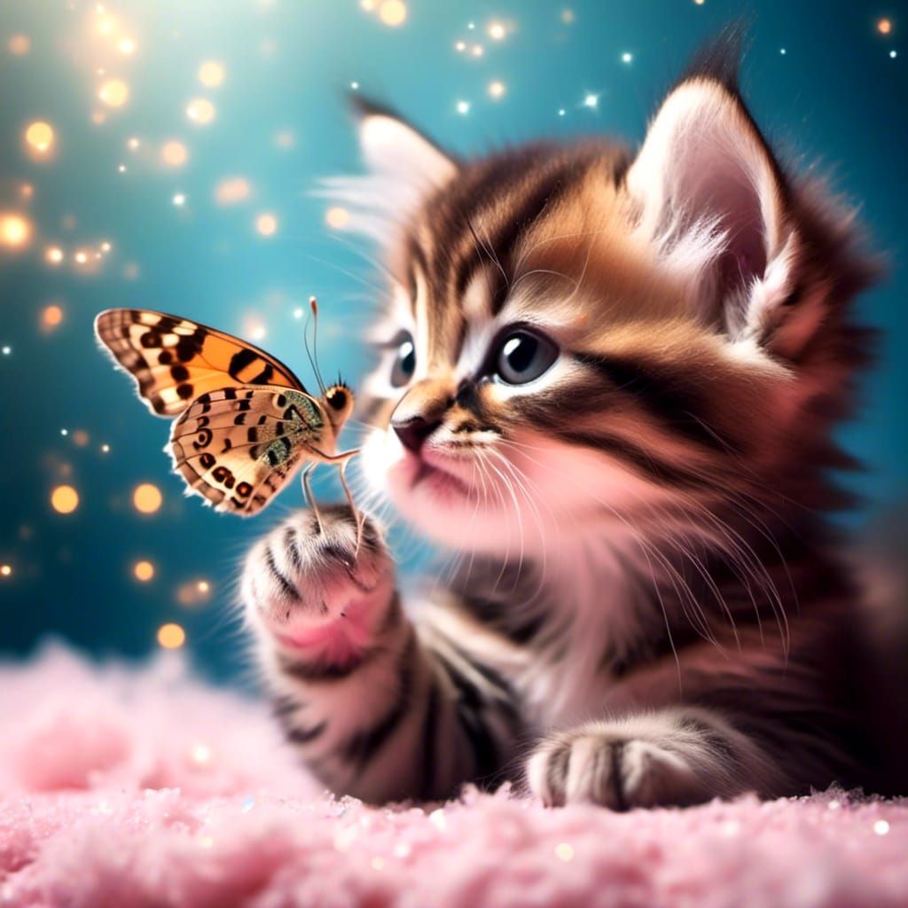 Kitten and Butterfly Nose Touch in Magical Light