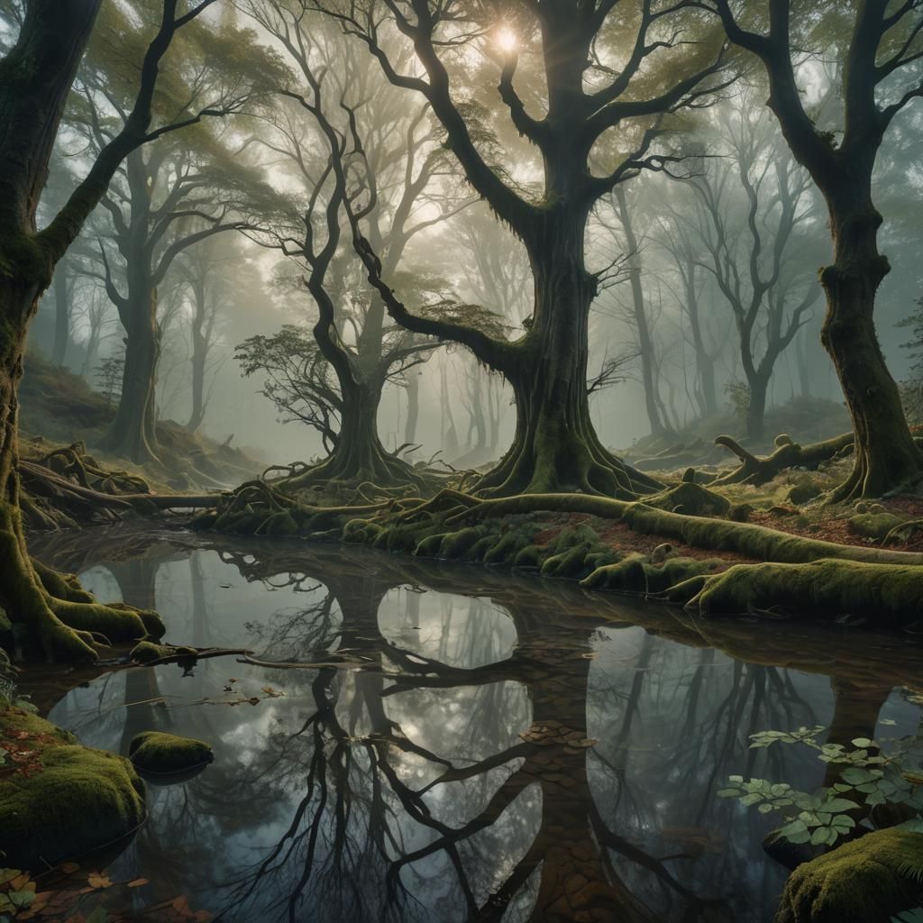 Mystical Forest Stream in Art Nouveau Style