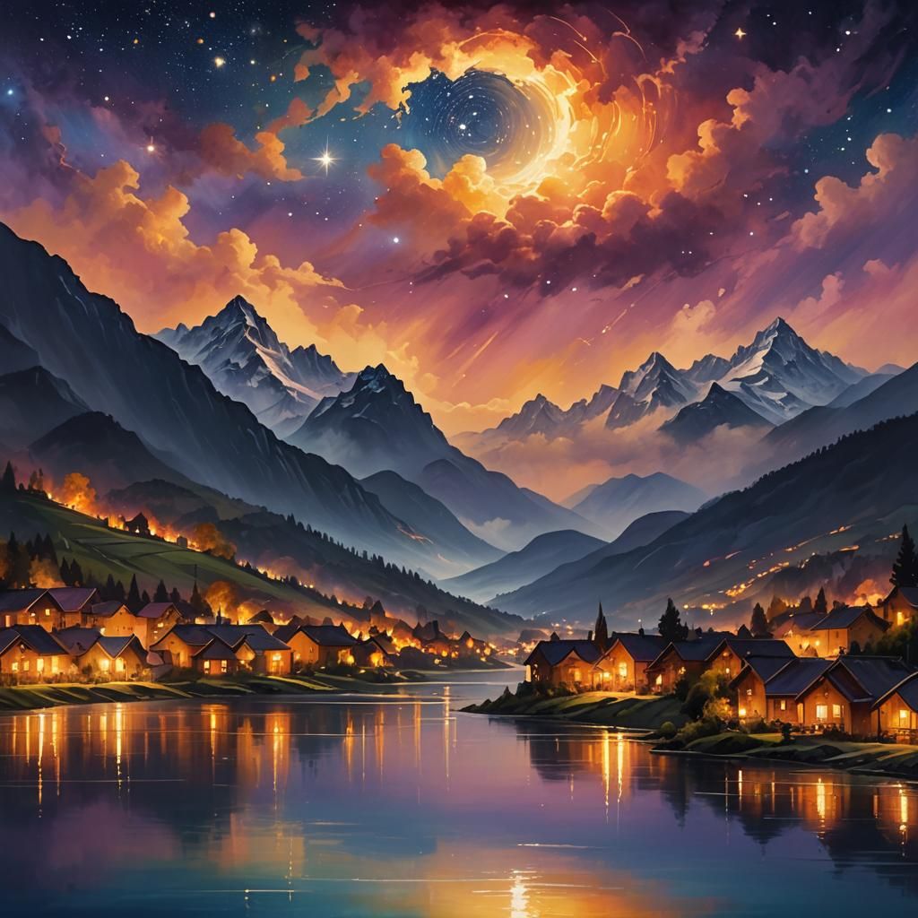 Dreamy Landscape with Swirling Stars in Oil Paint