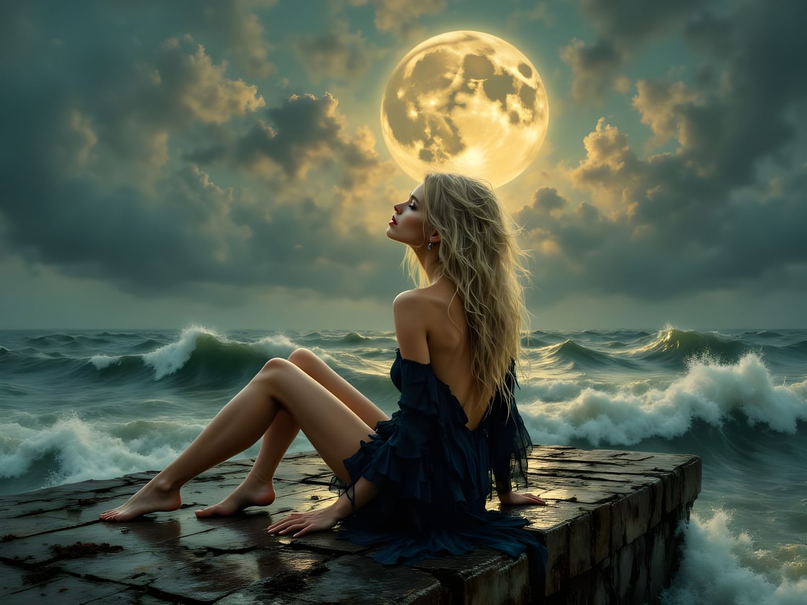 Norse Goddess on Pier by Moonlight