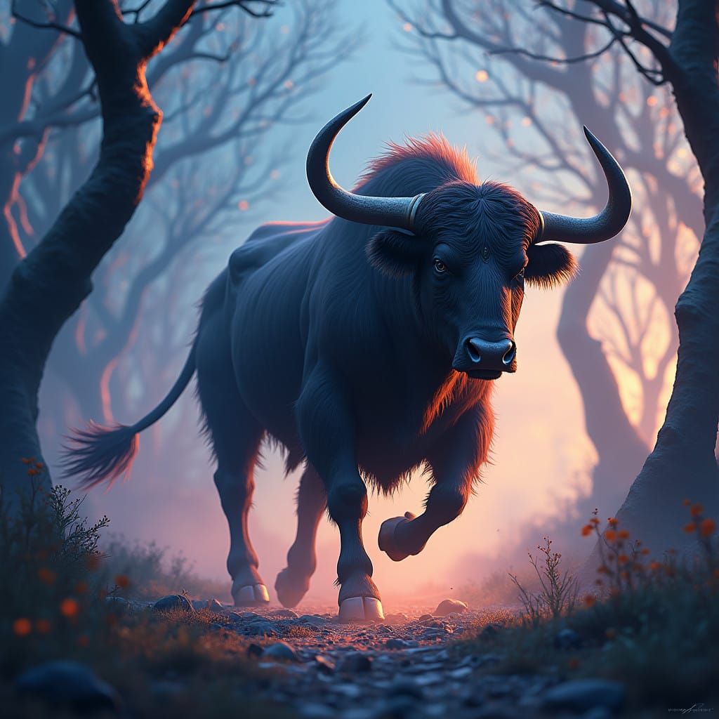 Majestic Bull in Vibrant, Dreamlike Landscape