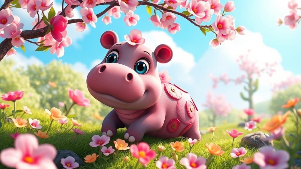 Cute Cherry Blossom Hippo in Disney Pixar Style