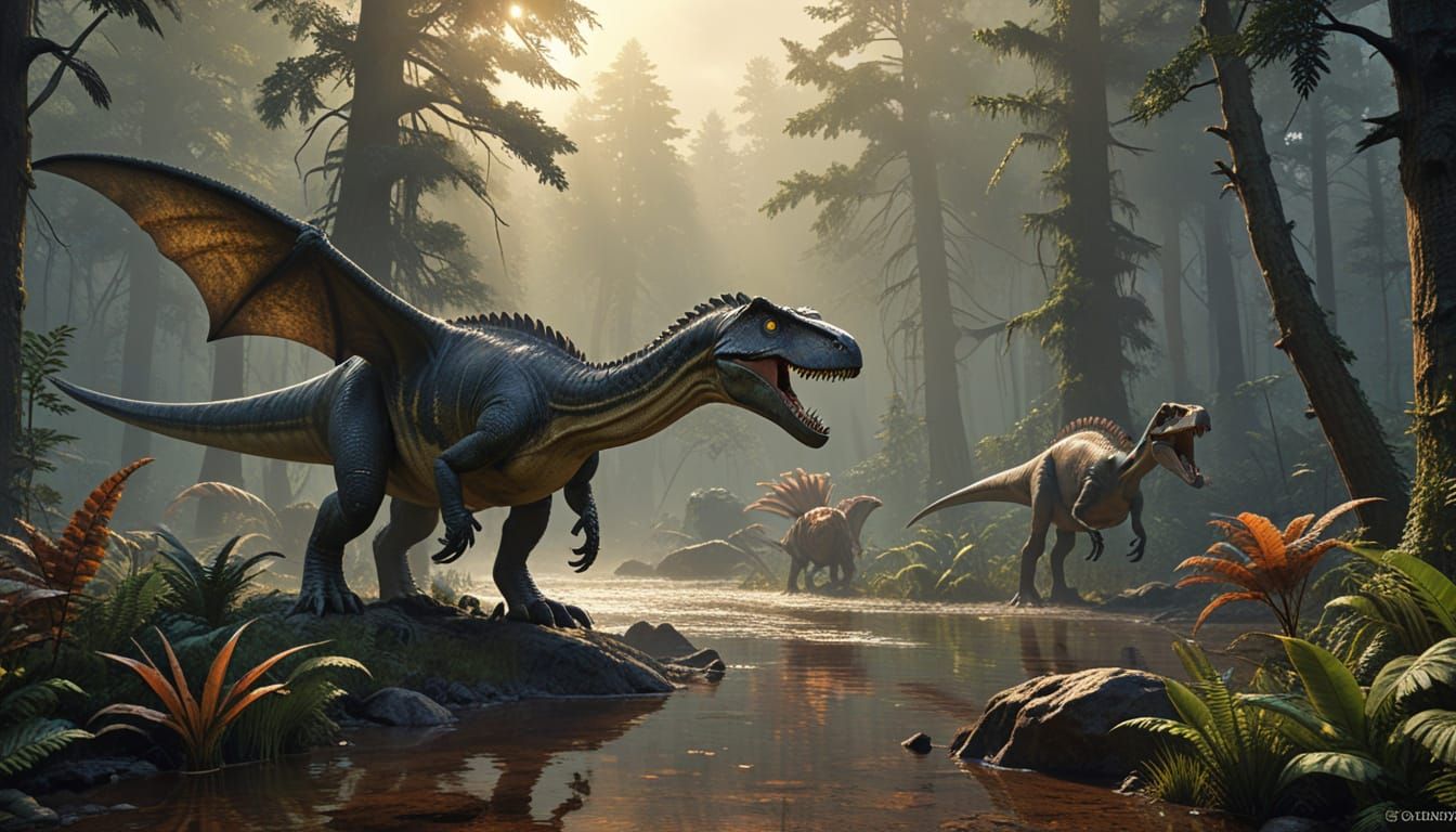 Jurassic Period Watering Hole with Dinosaurs: Digital Painti...