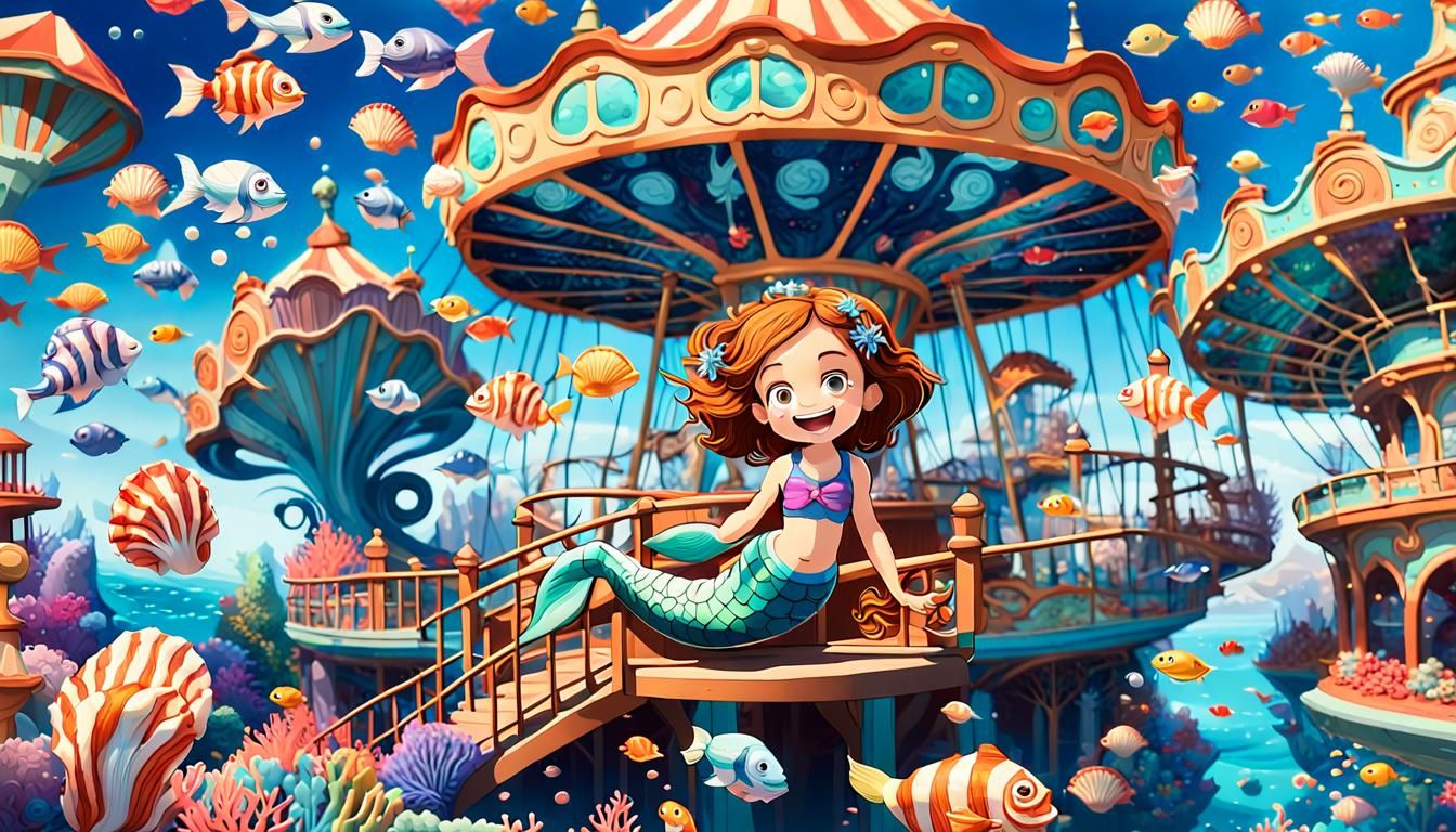 Mermaid in Underwater Coral Amusement Park, 3D Render