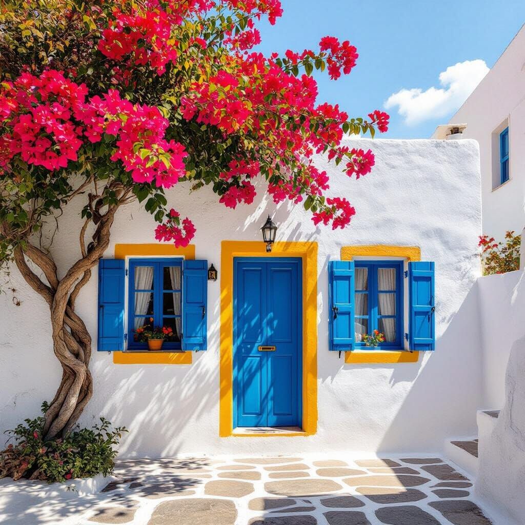 White Greek House with Blue Doors and Yellow Accents
