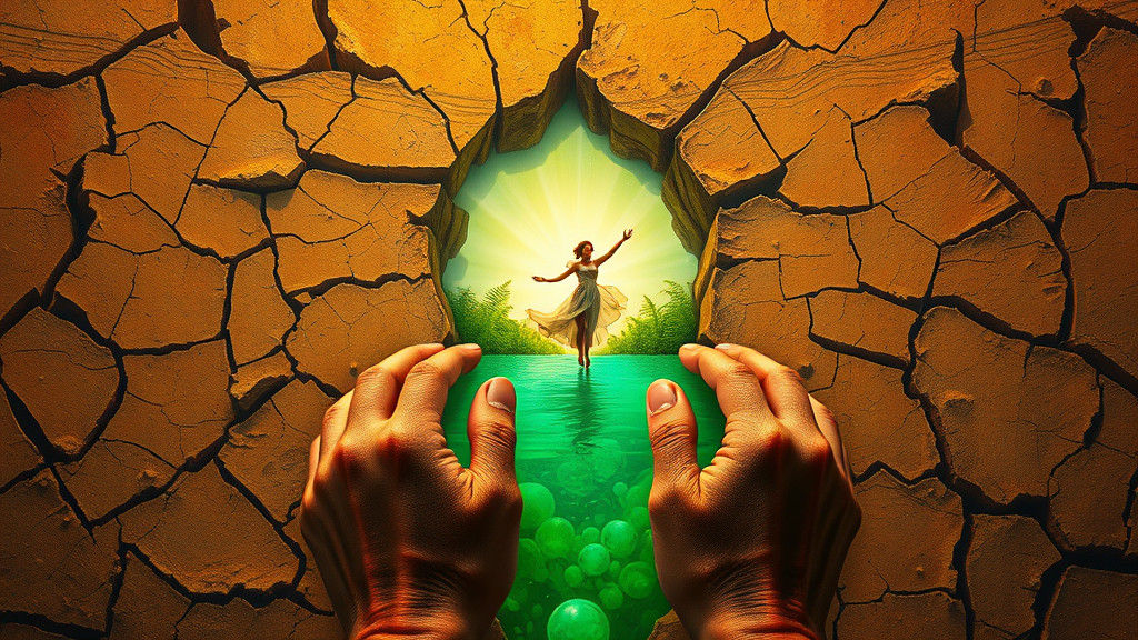 Earth Figure Gazing at Oasis: Surreal Dreamscape