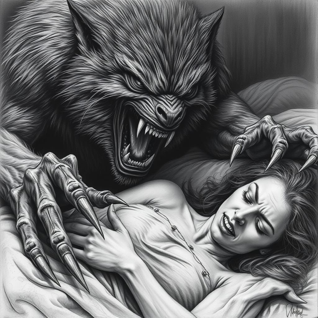 Werewolf Terrorizes Sleepy Woman in Dark, Atmospheric Drawin...