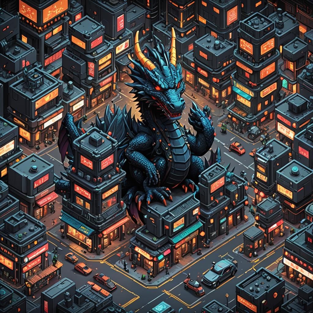 Detailed Isometric Pixel Art of Cyberpunk City