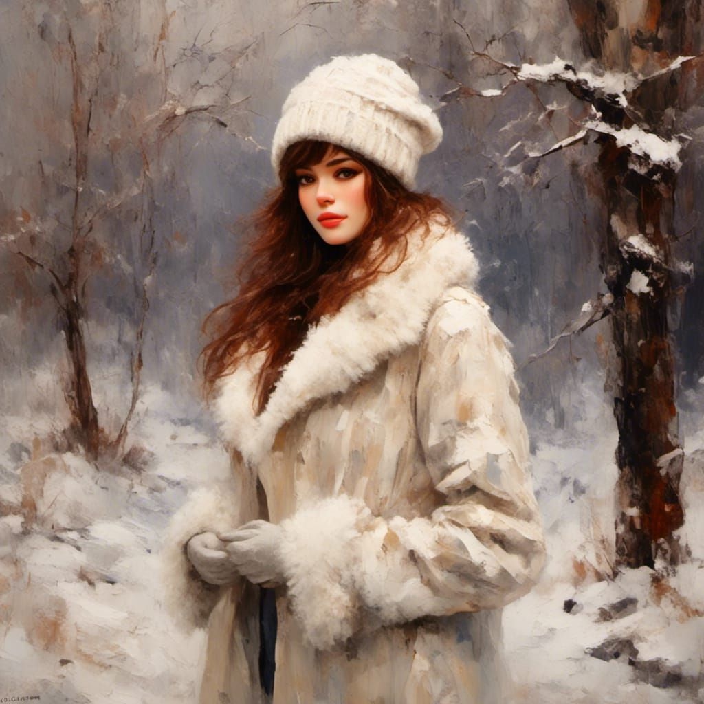 Impressionist Woman in Snowy Winter Landscape