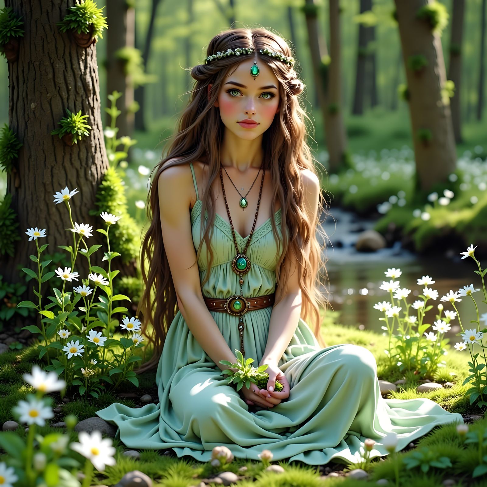 Serenic Norse Goddess Surrounded by Wild Herbs in a Springti...
