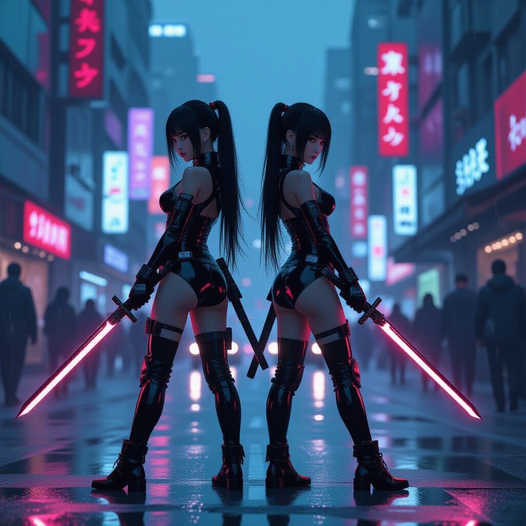 Cyberpunk Twin Warriors in Neon Metropolis