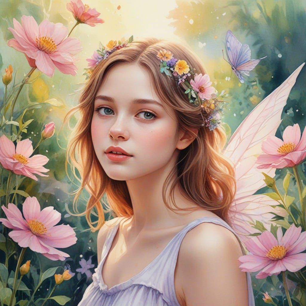 Whimsical Fairy Portrait in Dreamy Watercolor Style