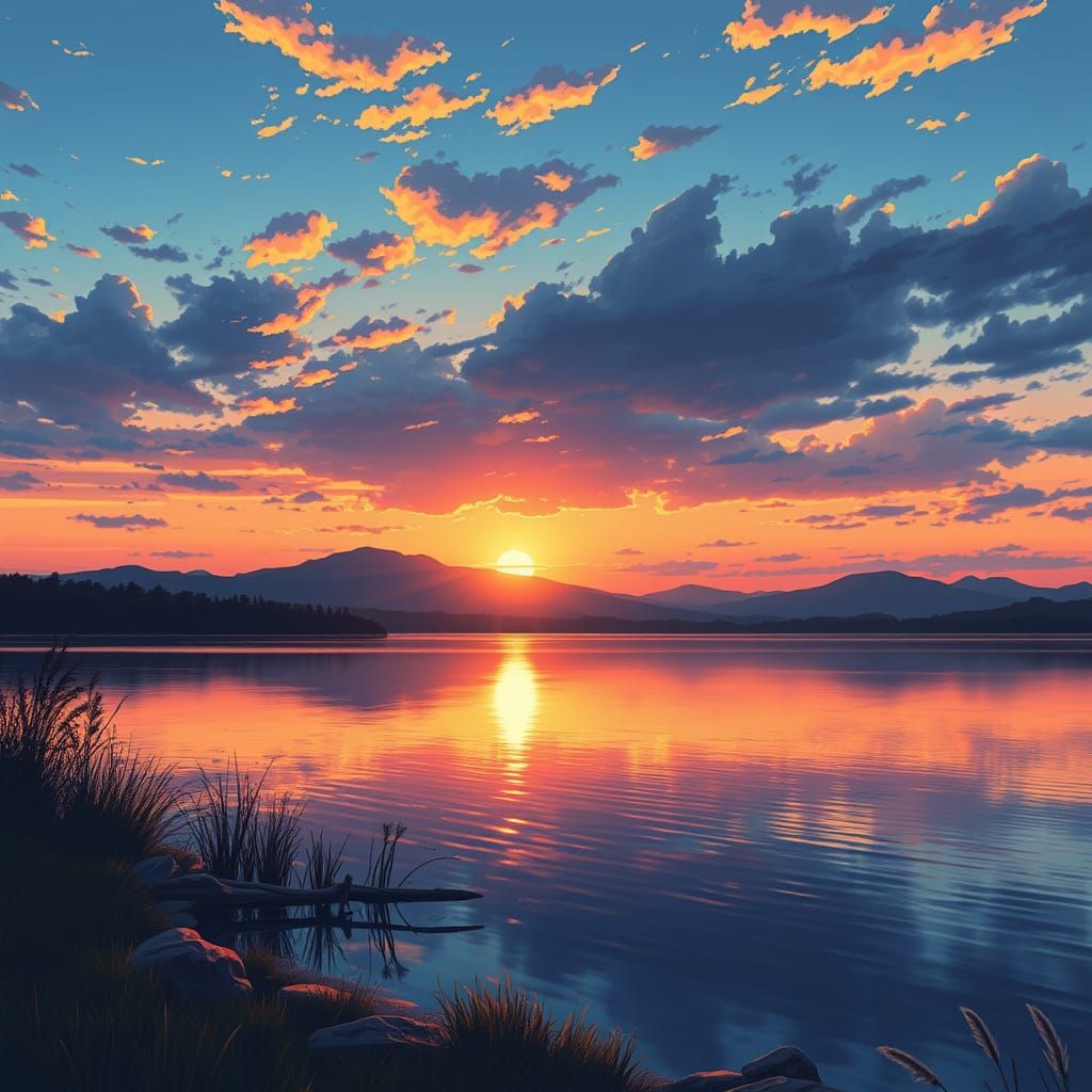 Surreal Anime Lake Landscape at Sunset